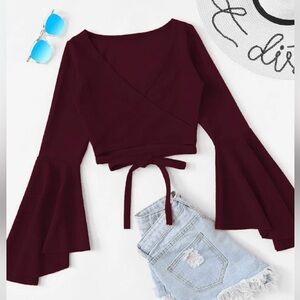 SHEIN Bell Sleeve Self-Tie Crop Top